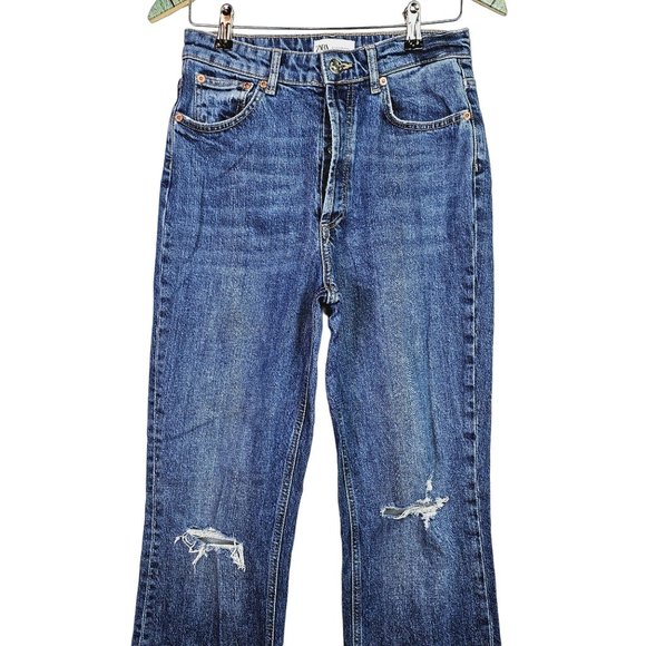 Zara Girlfriend Style Wide Leg Button Fly Distressed Holey Jeans, 6 - Picture 3 of 8